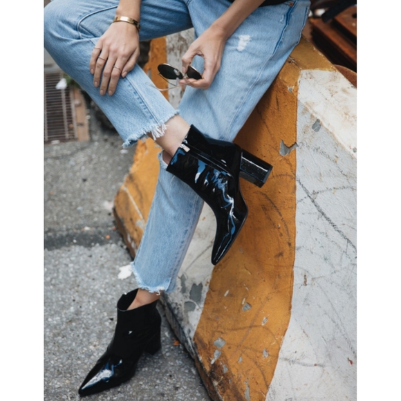 Nordstrom Open Edit Chloe Zip Boots Black Vegan Patent Leather Chunky Sq… - Picture 14 of 16